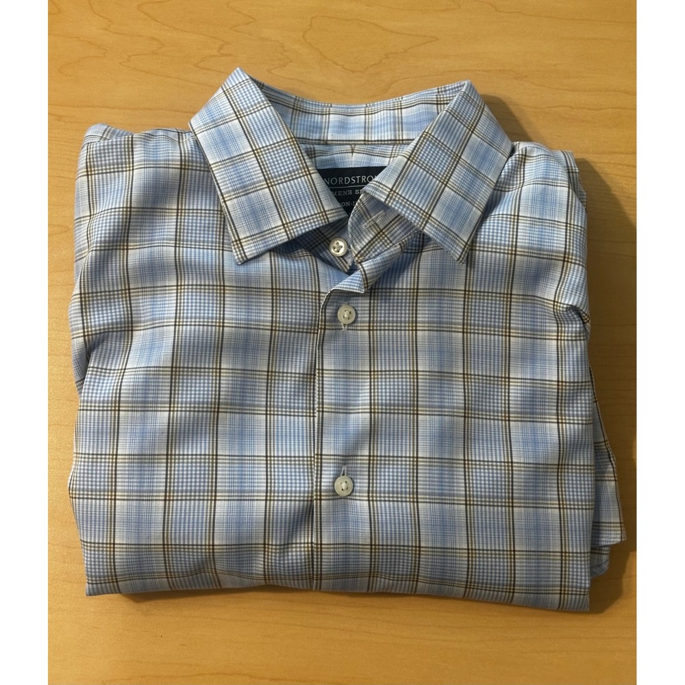Nordstrom Mens Shop Non-Iron Cotton Plaid Dress Shirt Blue Brown Size L